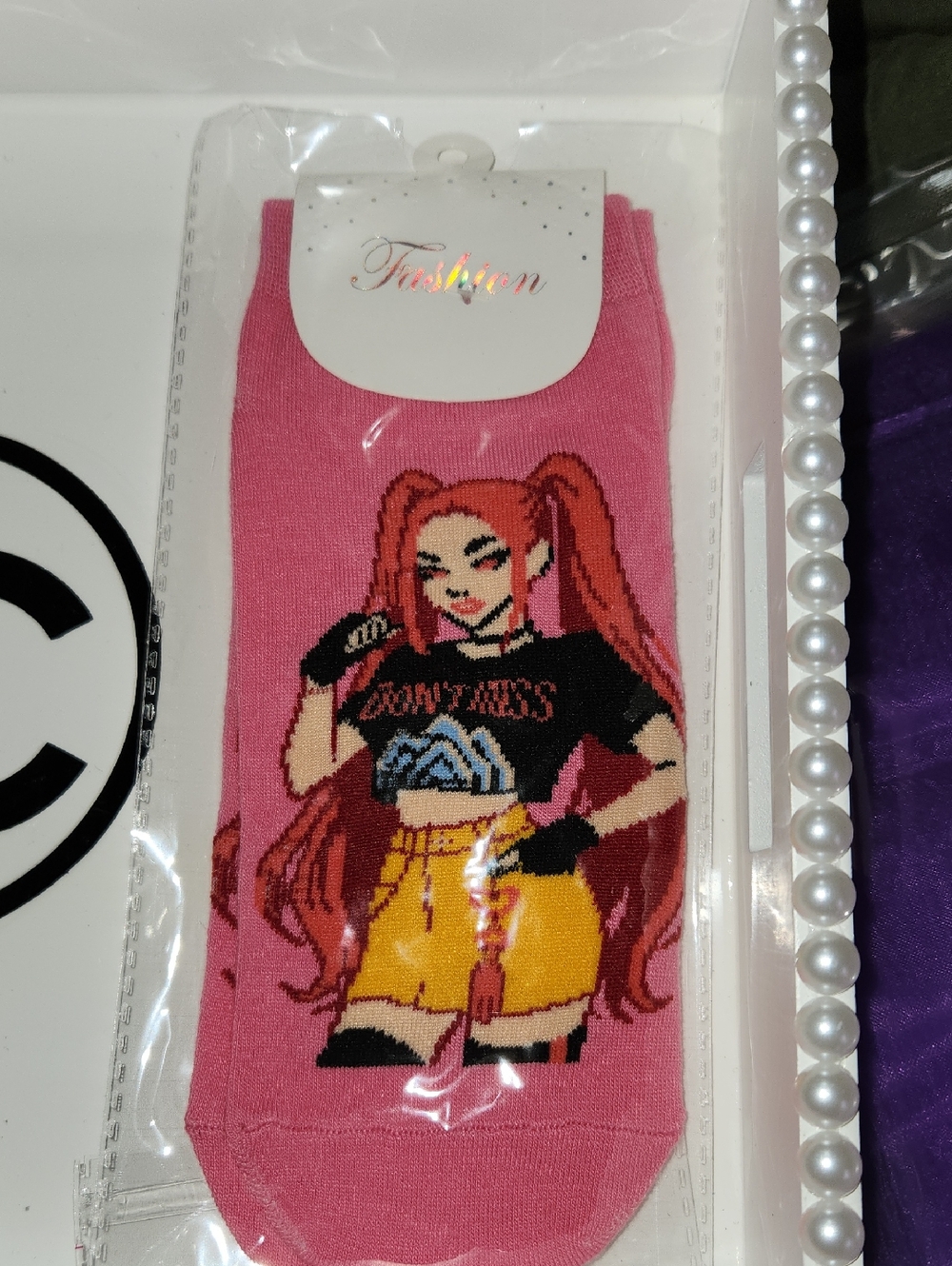 Women's Pink Graphic Crew Socks with Animated Girl Design